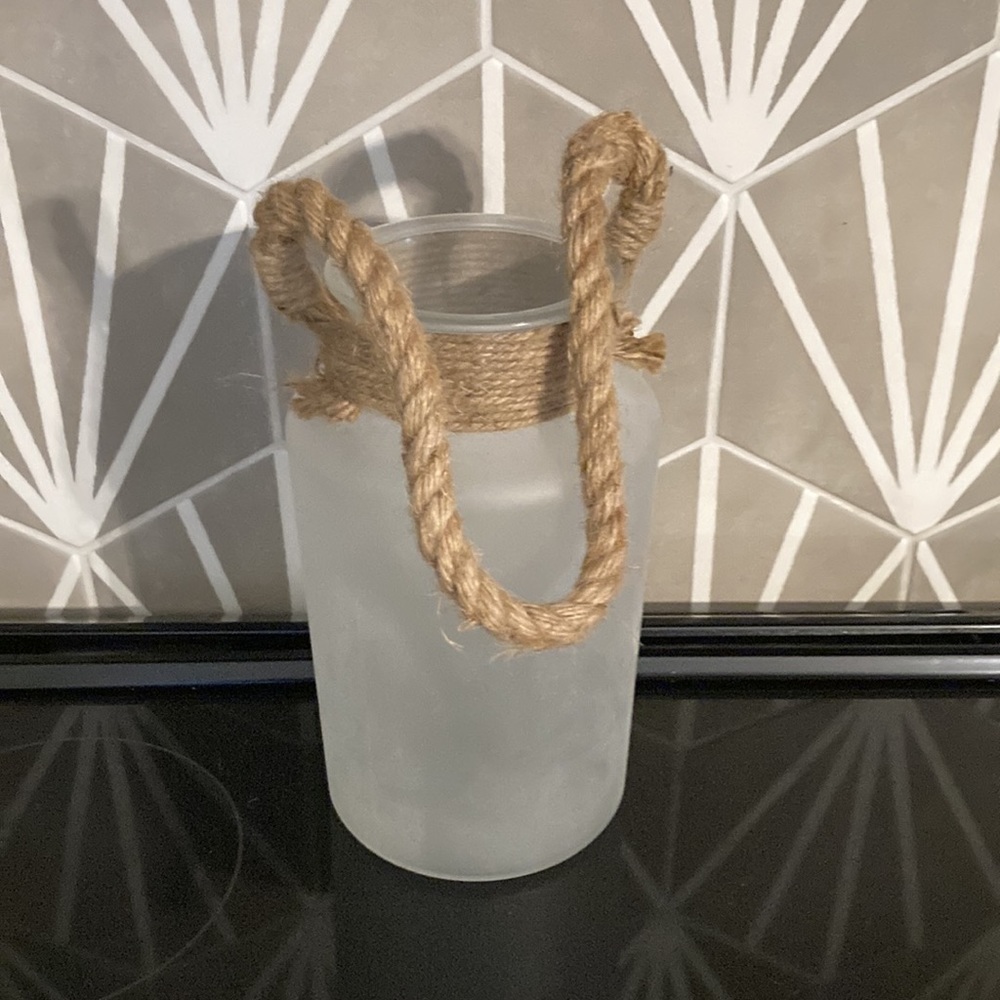 Jar with rope handle. Frosted glass. 9 inches tall